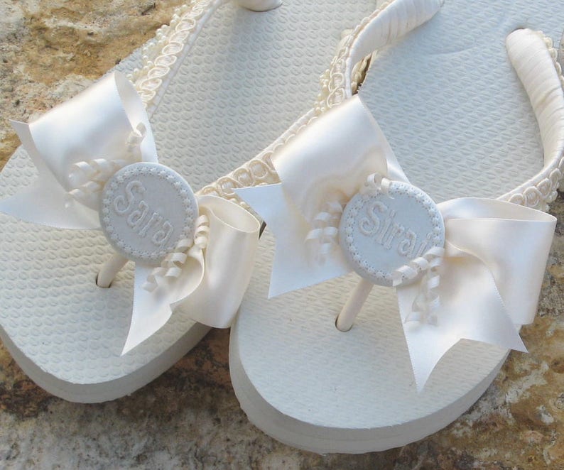PERSONALIZED FLIP FLOPS Satin Ribbon and Bows Pearl Trim | Etsy