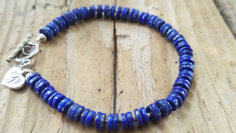 Lotus Flower Charm Lapis Bracelet and Hill Tribe Silver Minimalist Jewelry Artisan Jewelry Gifts for Her Heart Charm Lapis Jewelry