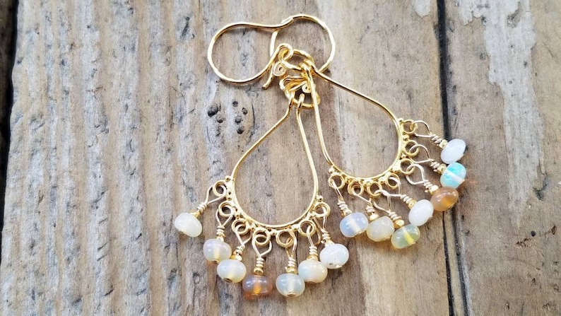 24k Gold Vermeil Opal Jewelry Artisan Jewelry October Birthstone Ethiopian Opal Earrings Hill Tribe Silver Opal Chandelier Earrings