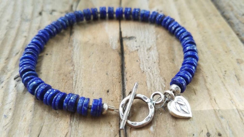 Lotus Flower Charm Lapis Bracelet and Hill Tribe Silver Minimalist Jewelry Artisan Jewelry Gifts for Her Heart Charm Lapis Jewelry