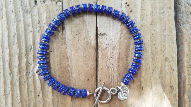 Lotus Flower Charm Lapis Bracelet and Hill Tribe Silver Minimalist Jewelry Artisan Jewelry Gifts for Her Heart Charm Lapis Jewelry