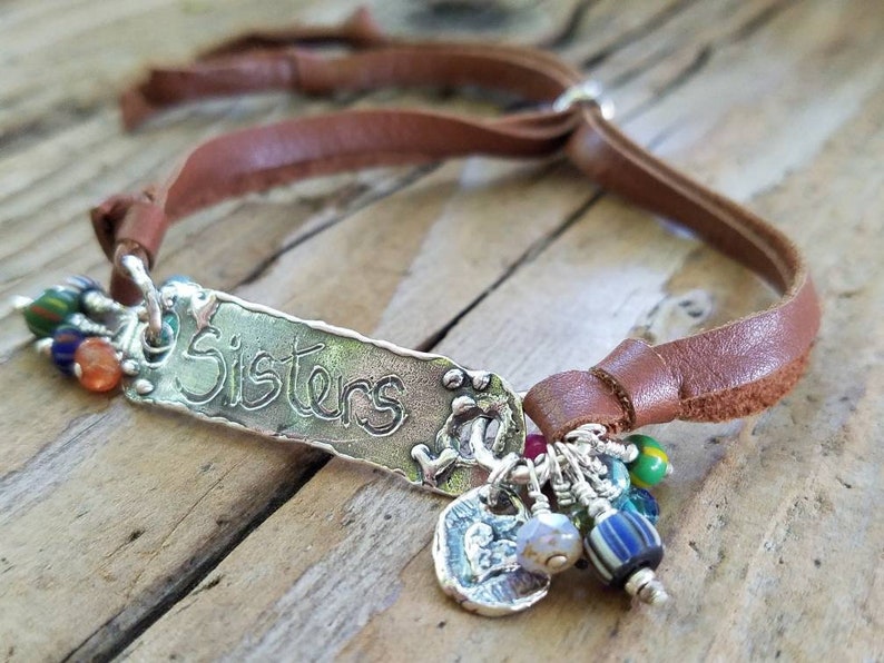 Sterling Silver Artisan Link Sisters Jewelry Leather Bracelet Sisters Gifts Mystic Gemstones Sisters Bracelet Artisan Heart Love Charm