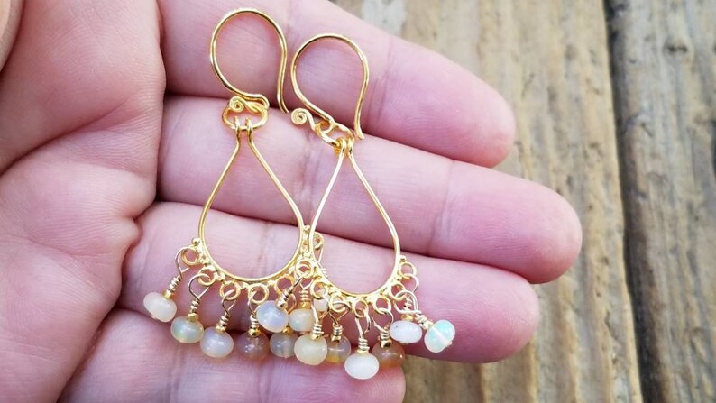 24k Gold Vermeil Opal Jewelry Artisan Jewelry October Birthstone Ethiopian Opal Earrings Hill Tribe Silver Opal Chandelier Earrings