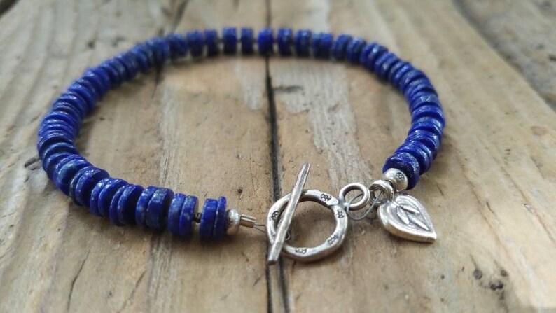 Lotus Flower Charm Lapis Bracelet and Hill Tribe Silver Minimalist Jewelry Artisan Jewelry Gifts for Her Heart Charm Lapis Jewelry
