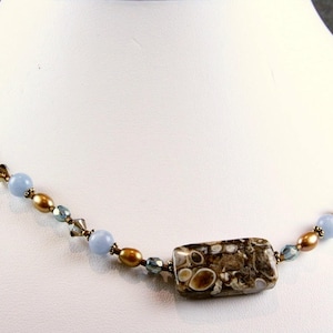 Turritella Fossil Agate Necklace with Angelite and Freshwater Pearls