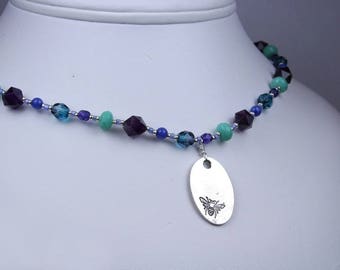 Antique Silver Honeybee Amethyst Turquoise Violet Purple Necklace