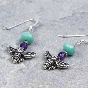 Antique Silver Honey Bee Turquoise Violet Purple Earrings