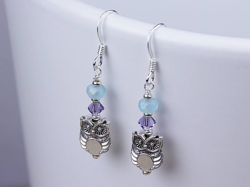 Lavender Purple Aqua Blue Swarovski Crystal Silver Owl Earrings
