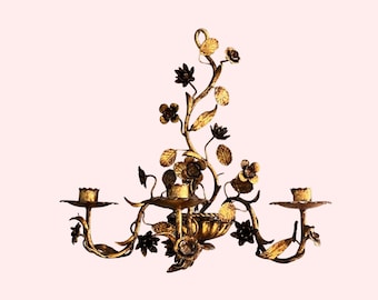 Vintage Hollywood Regency Brass Floral Wall Sconce - Holds 3 Candles