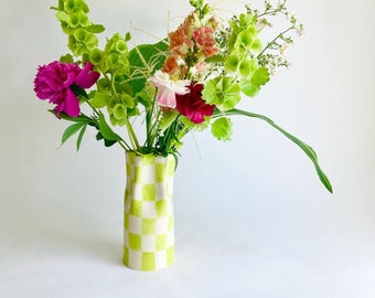 Ceramic Vase painted with lime green checkers