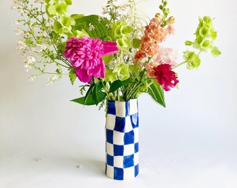 Handmade Ceramic Vase with blue checkers