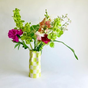 Ceramic Vase painted with lime green checkers