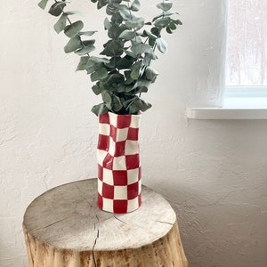 Red and White Ceramic Checkered Vase