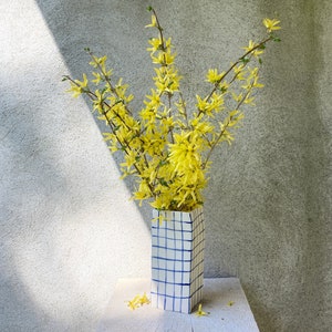 SQUARE ceramic vase, one of a kind vase blue grid design