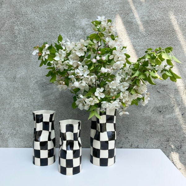 Checkered Ceramic Vase Black and White