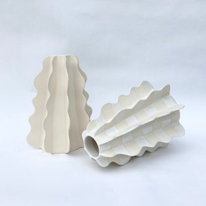 Wavy Ceramic white on white checker vase extra large home decor