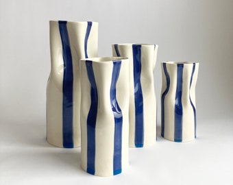 Handmade Ceramic Vase with Blue Stripes