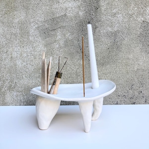 Noguchi inspired table scape footed candle holder with incense holder