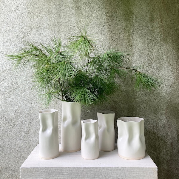 Ceramic pinched white vase with satin finish