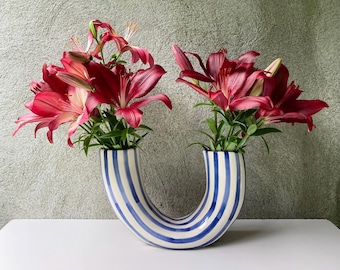 Hand painted blue pin striped vase - one of a kind