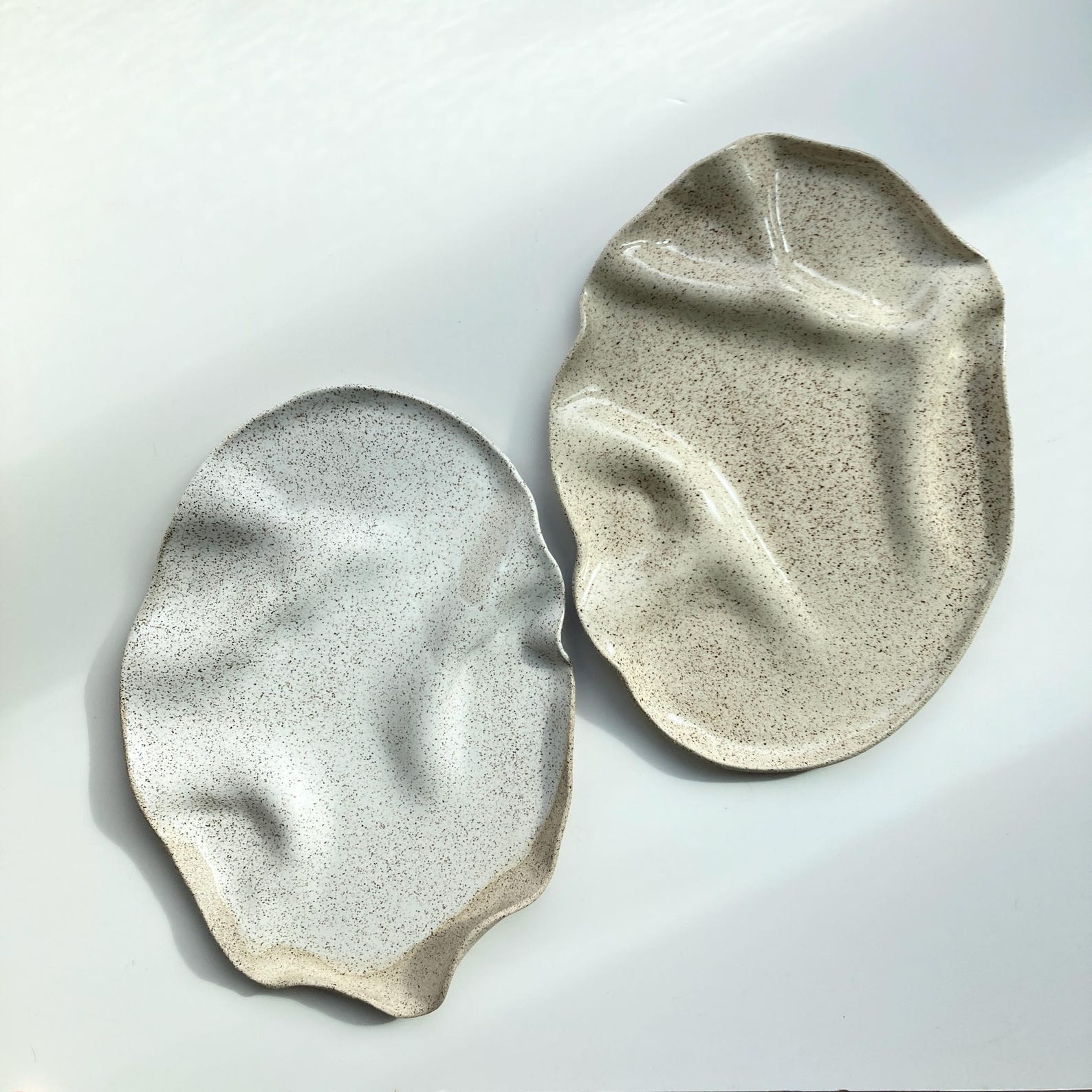 Large 15" Ceramic wavy tapas platter / serving tray / charcuterie platter with a side plate in speckled clay / cheese board /