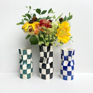 Handmade Checkered Ceramic Vase, Black and White Checker vase