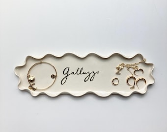 Personalized painted wavy plate long, off white neutral cream wavy trinket dish