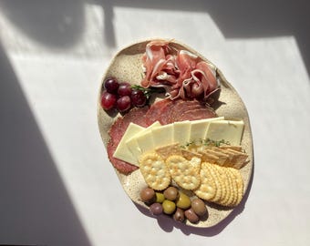 12.5" handmade ceramic wavy tapas platter/ serving tray / charcuterie platter with a side plate in speckled clay / cheese board /