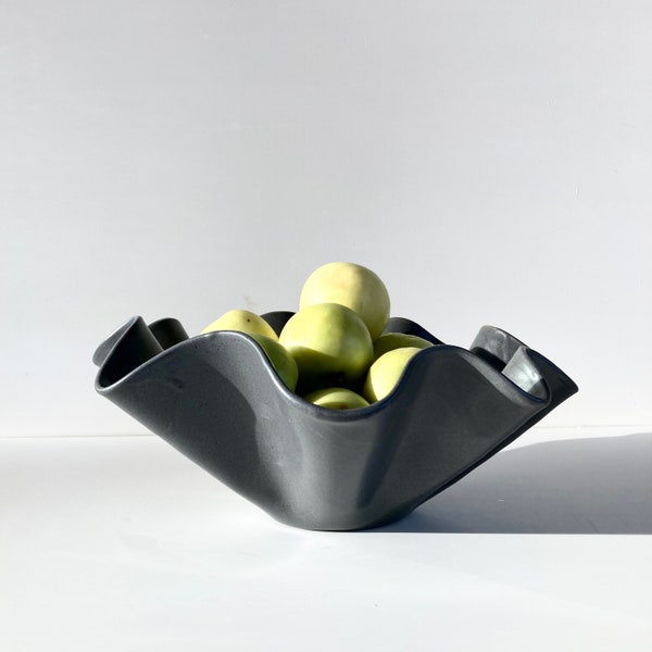 Ceramic Charcoal Black Satin Wavy Bowl Medium