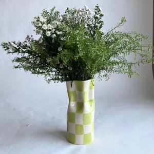 Ceramic Vase painted with lime green checkers image 4