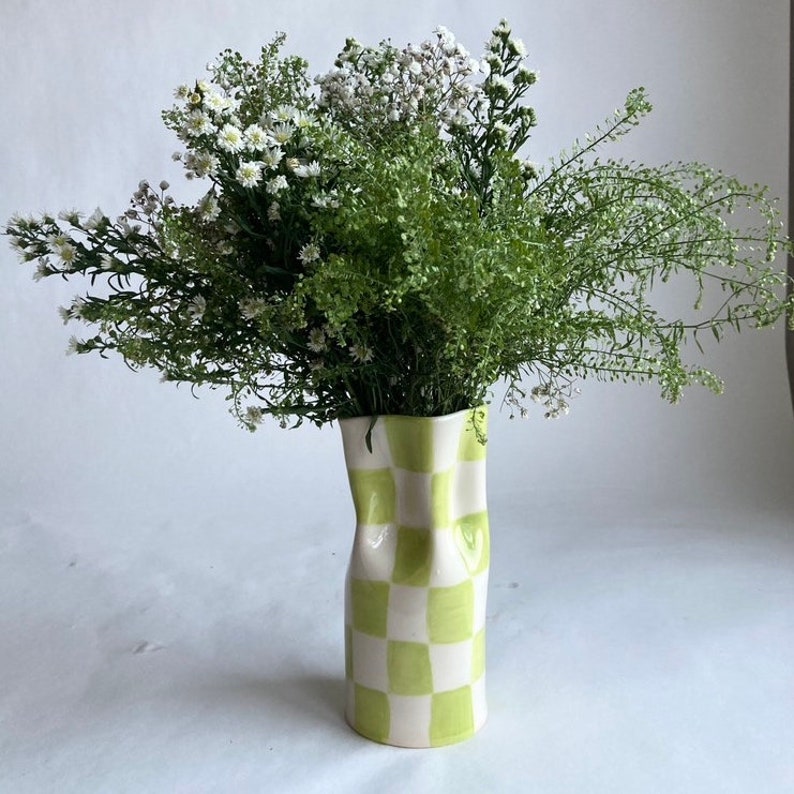 Ceramic Vase painted with lime green checkers image 4