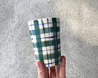 PLAID hand painted Ceramic cups green and blue / two color