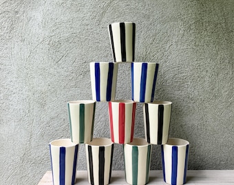 Hand painted Ceramic Striped Cup with multiple colors, blue, red, pink, green, black