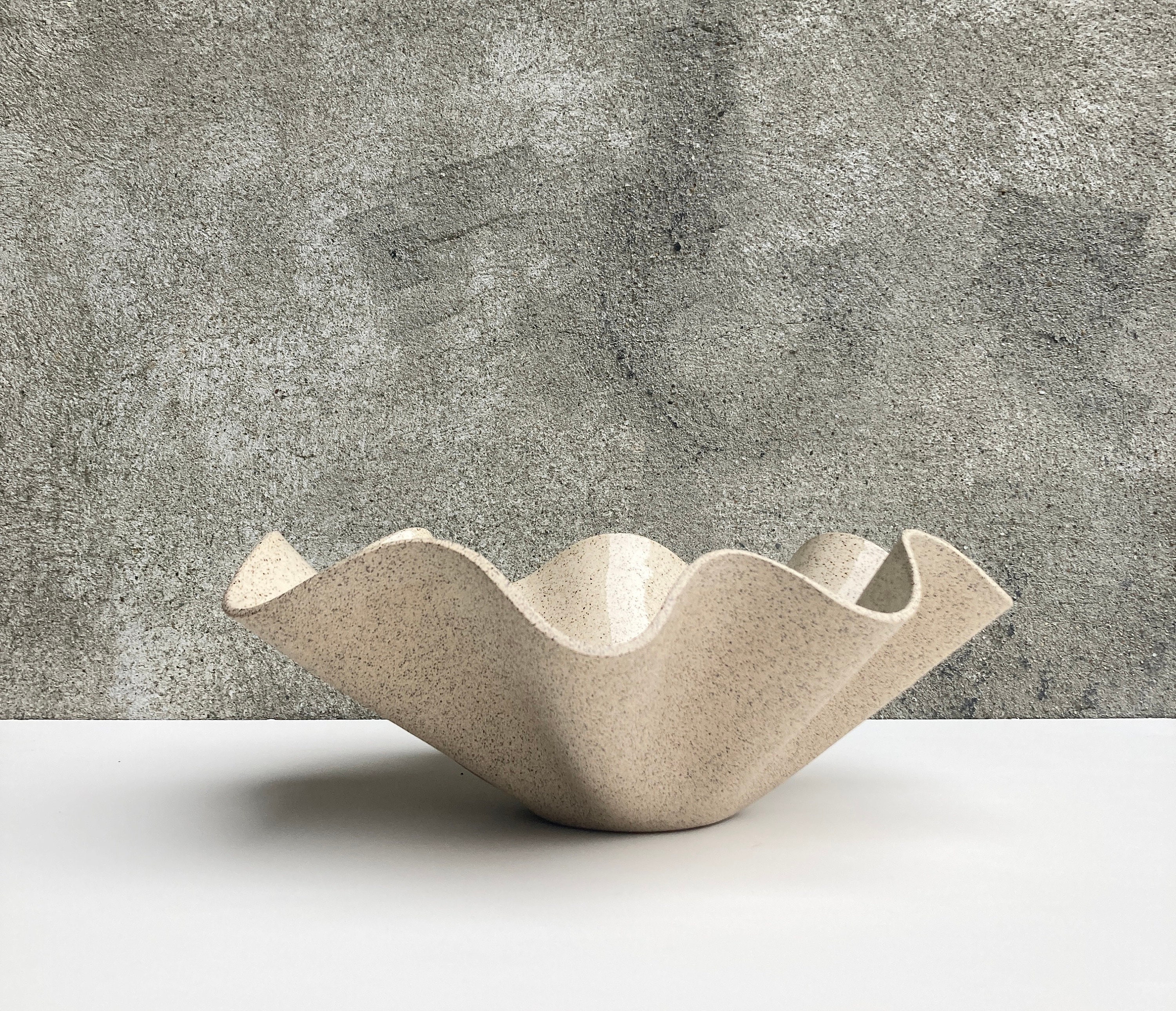 Handmade Ceramic Handkerchief Wavy Bowl speckled light sandy brown large