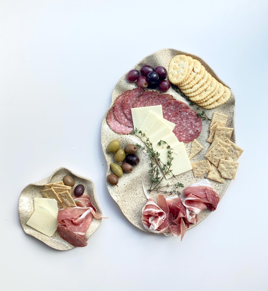 Large 15 Ceramic wavy tapas platter / serving tray / charcuterie platter with a side plate in speckled clay / cheese board /