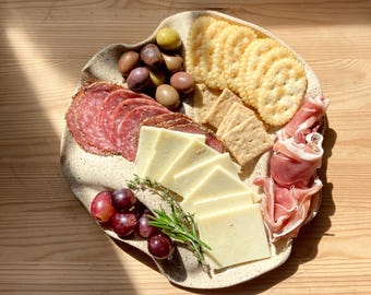 Round 10" handmade ceramic wavy tapas platter / serving tray / charcuterie platter with a side plate in speckled clay / cheese board /