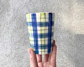 PLAID hand painted Ceramic cups green and blue / two color