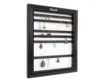 Earring Holder Framed iOrganize® Organizer - Movable slats - Hoop Hooks - 10 Colors – Black Large