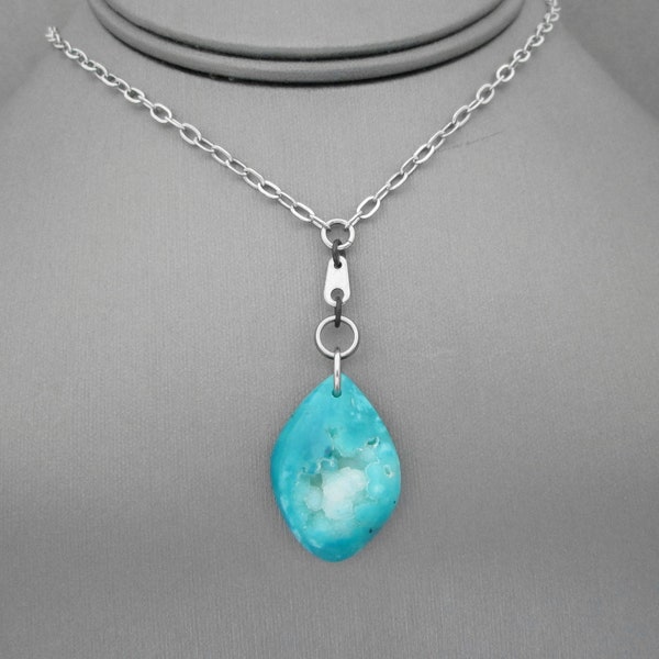 Dyed Turquoise Quartz Druzy Necklace, Stone Pendant Necklace, Stone Teardrop Necklace, Stone Y Necklace