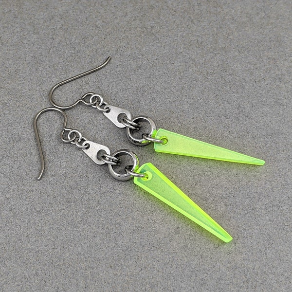 Spike Earrings, Neon Earrings, Titanium Earrings, Long Dangle Earrings, Stainless Steel Earrings, Edgy Earrings, Neon Yellow Earrings