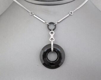 Black Crystal Necklace, Stainless Steel Necklace, Black Swarovski Circle Pendant, Drop Pendant Necklace