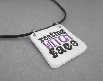 Resting Witch Face Necklace, Halloween Necklace, Witchy Jewelry, Funny Halloween Necklace