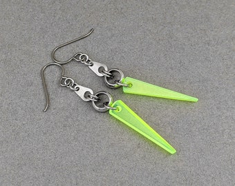 Spike Earrings, Neon Earrings, Titanium Earrings, Long Dangle Earrings, Stainless Steel Earrings, Edgy Earrings, Neon Yellow Earrings