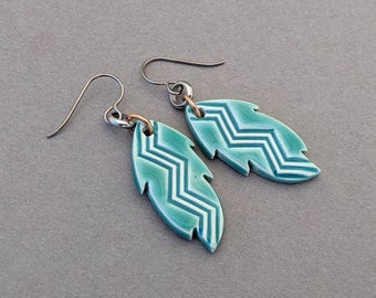 Turquoise Feather Earrings, Western Feather Earrings, Hypoallergenic Dangle Earrings, Lightweight Ceramic Earrings, Boho Earrings