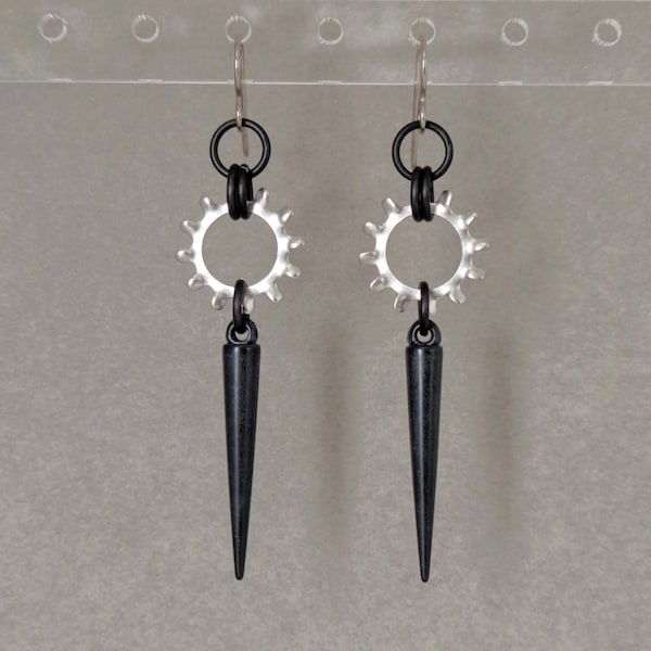 Long Black Spike Earrings, Edgy Hypoallergenic Industrial Earrings