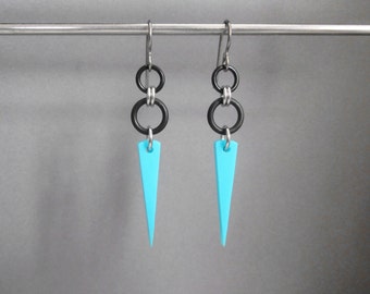 Turquoise Spike Earrings, Aqua Earrings, Lightweight Dangle Earrings, Long Dangle Earrings, Hypoallergenic Earrings, Turquoise and Black