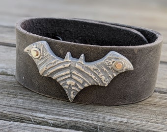 Gothic Cathedral Bat Bracelet, Unisex Leather Bracelet, Bat Cuff Bracelet