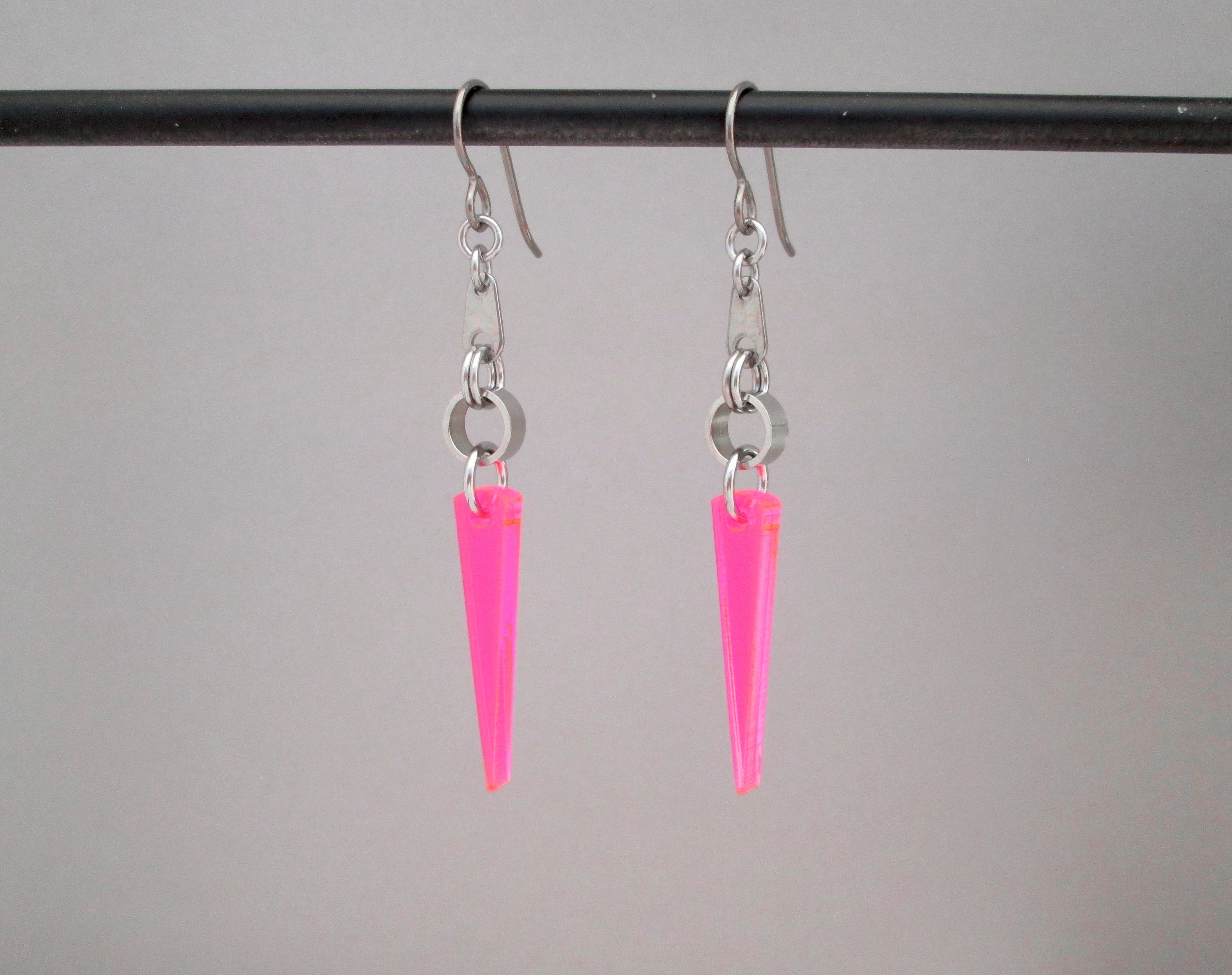 Neon Pink Spike Earrings Neon Earrings Long Dangle Earrings Etsy