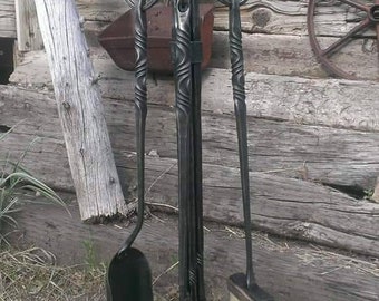 Twisted wrought iron fireplace tool set with stand