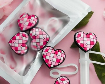 Pink Heart Disco Ball Straw Topper Cover, Stanley Straw Covers, 10 MM, Straw Cap Reusable Straw Cover, Retro Straw Topper